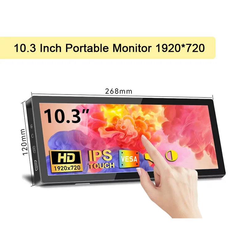 Touch screen Monitor 10.3 Inch Portable 1920x720 Long Bar IPS HDMI Type-C For Mac Laptop PC Chassis Temperature Display