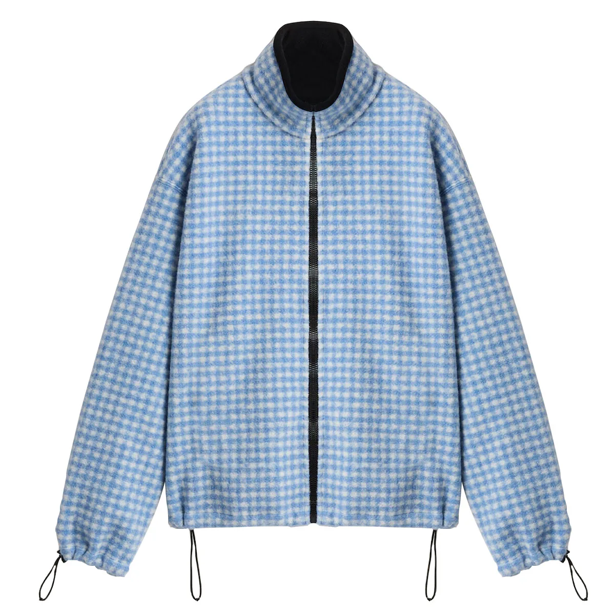 Wool style stand up collar blue and white checkered fleece jacket #S4145