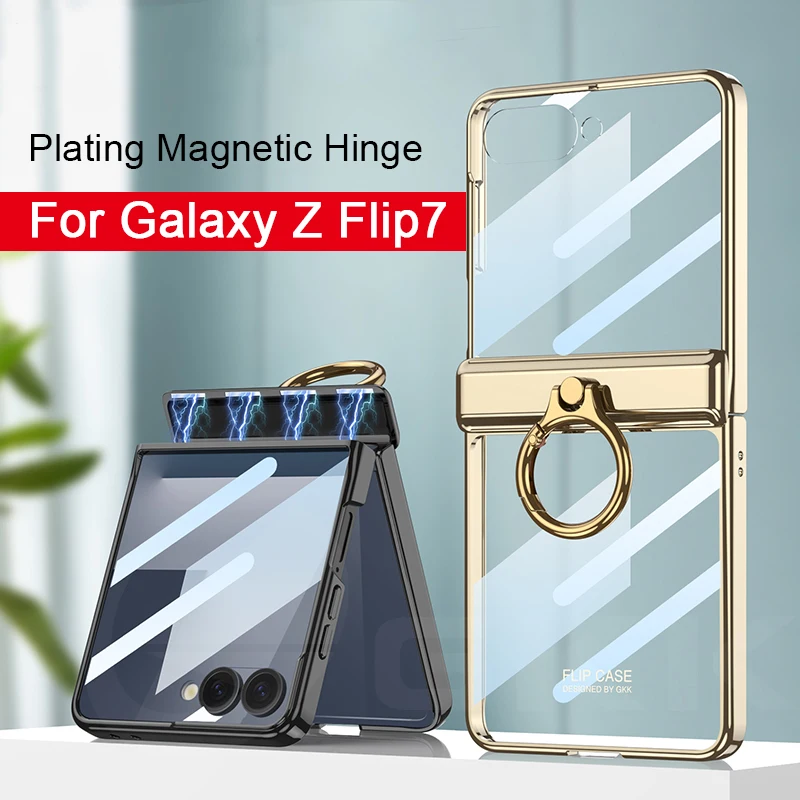 Luksusowe etui z magnetycznym zawiasem do Samsung Galaxy Z Flip 7 6 5, szklany ekran, uchwyt pierścieniowy, twarda obudowa do Galaxy Z Flip7