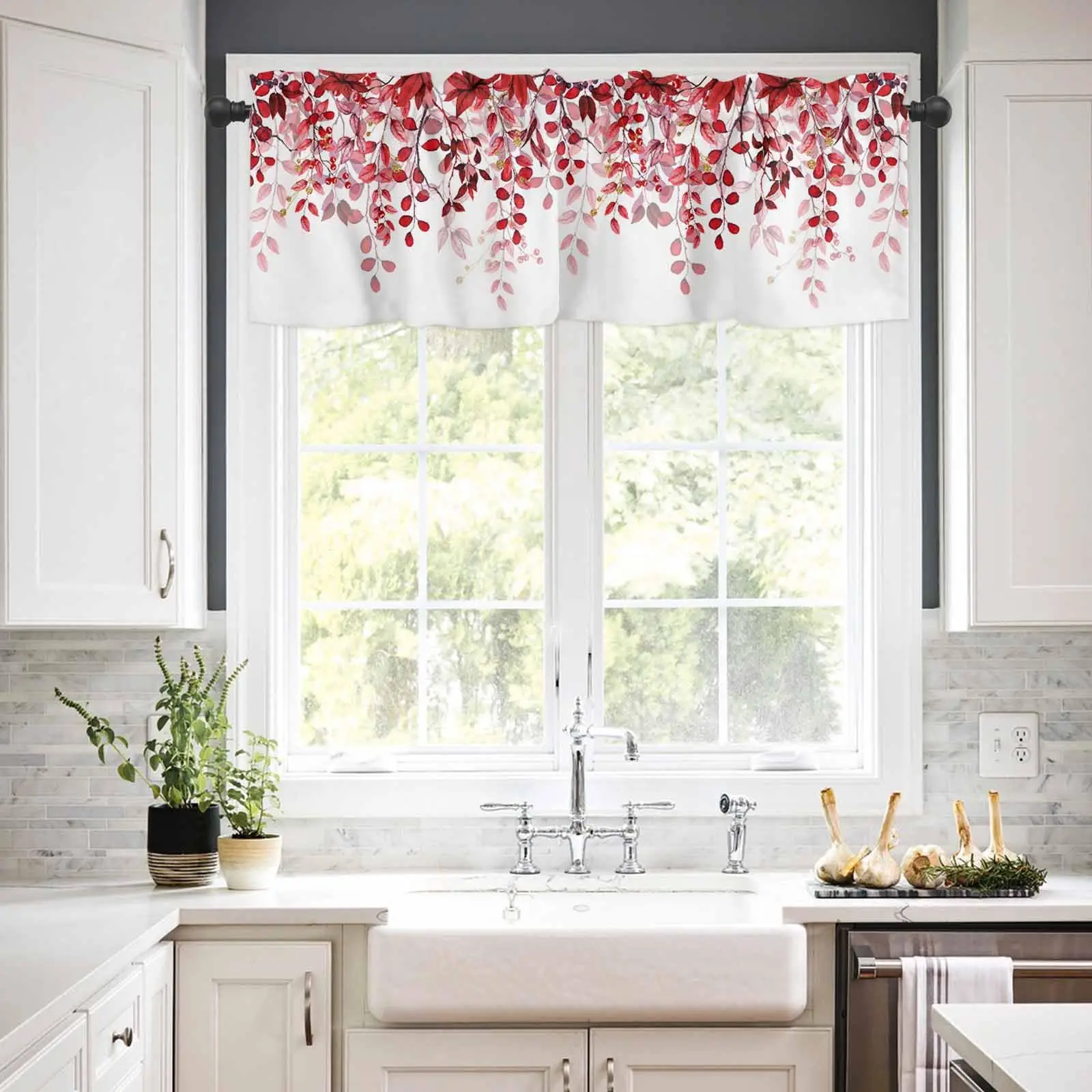 Red Eucalyptus Leaves Valance Curtain 1 Panel Watercolor Pattern Window Treatment Curtain Topper for Bathroom Bedroom Windows