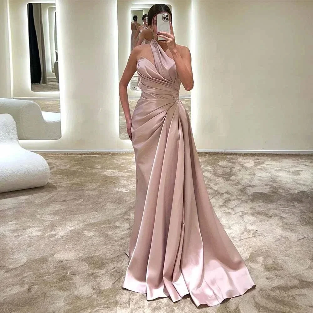 Halter One Shoulder Satin Evening Dress Women Ruched Draped Formal Party Gown Blush Pink Floor Length Prom Dress Custom Size