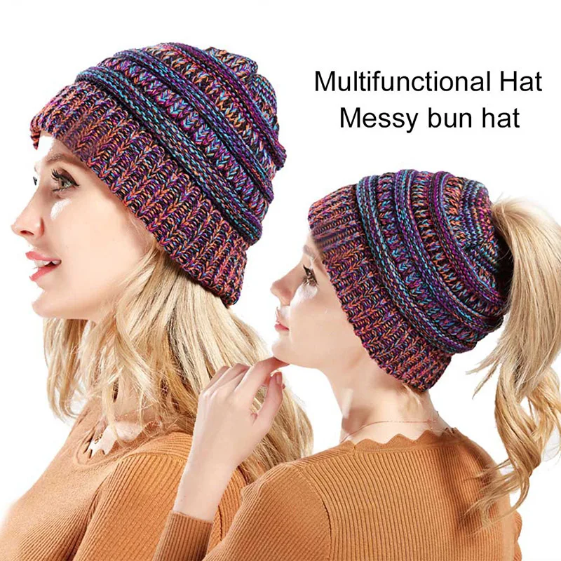 Women Messy Bun Ponytail Beanie Multicolor Marled Knit Hat Warm Stretch Outdoor Ladies Knit Cap