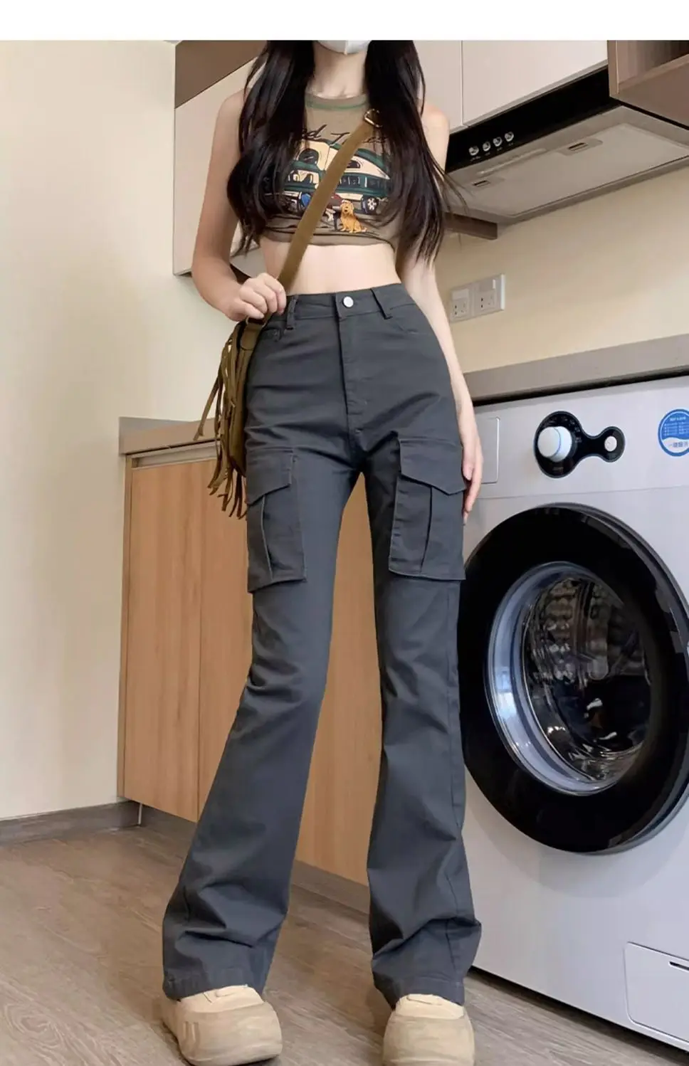 Dark High-waisted Slightly Flared Overalls for Women's Autumn New Slim-fitting and Thin Design Jeans