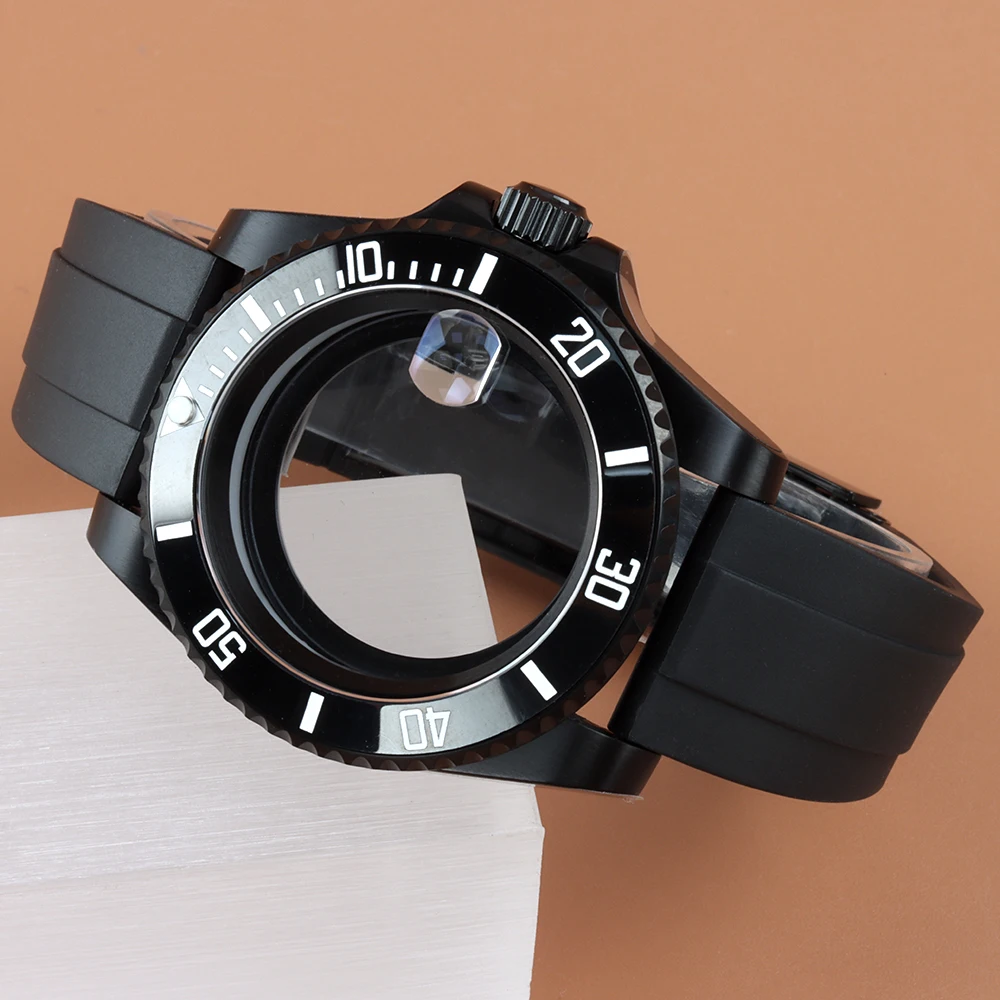 40mm NH35 Case Full Black For Submariner Rubber Strap Sapphire Glass Stainless Steel Case For NH35 NH36 NH34 NH38 Movement