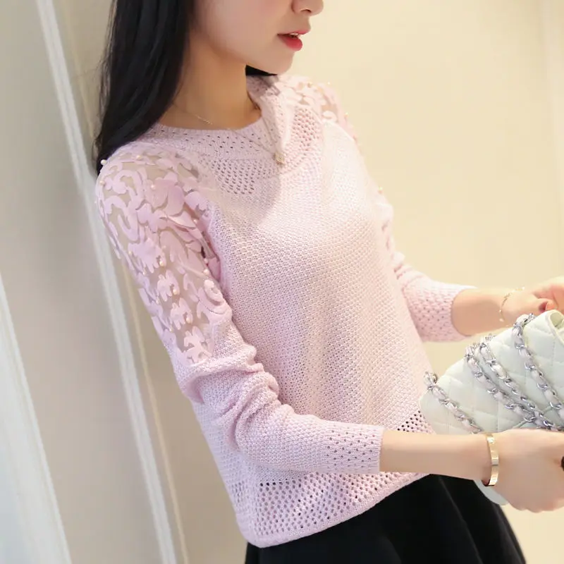 Woman Sweaters Thin Loose Hollow Beading Women\'s Clothing Lace Sweater Spring Crew Neck Pullover Femme Chandails Pull Hiver