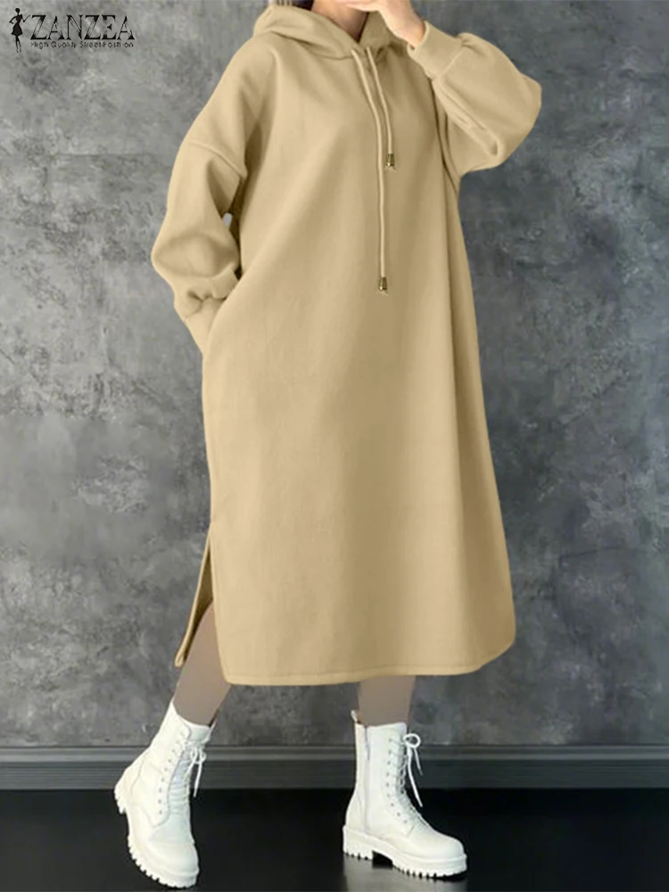 حجم كبير 5XL ZANZEA المرأة موضة البلوز فساتين الخريف طويلة الأكمام مقنعين رداء الصلبة جيوب فضفاضة غير رسمية طويلة Vestidos