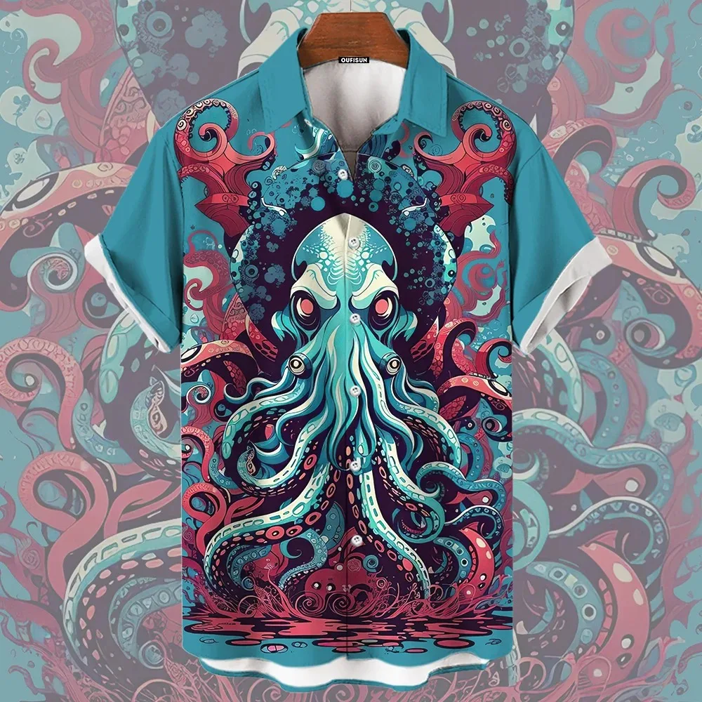 Hot selling high-definition 3D animal shark octopus print men's Hawaiian shirt fashion button short sleeved 2024