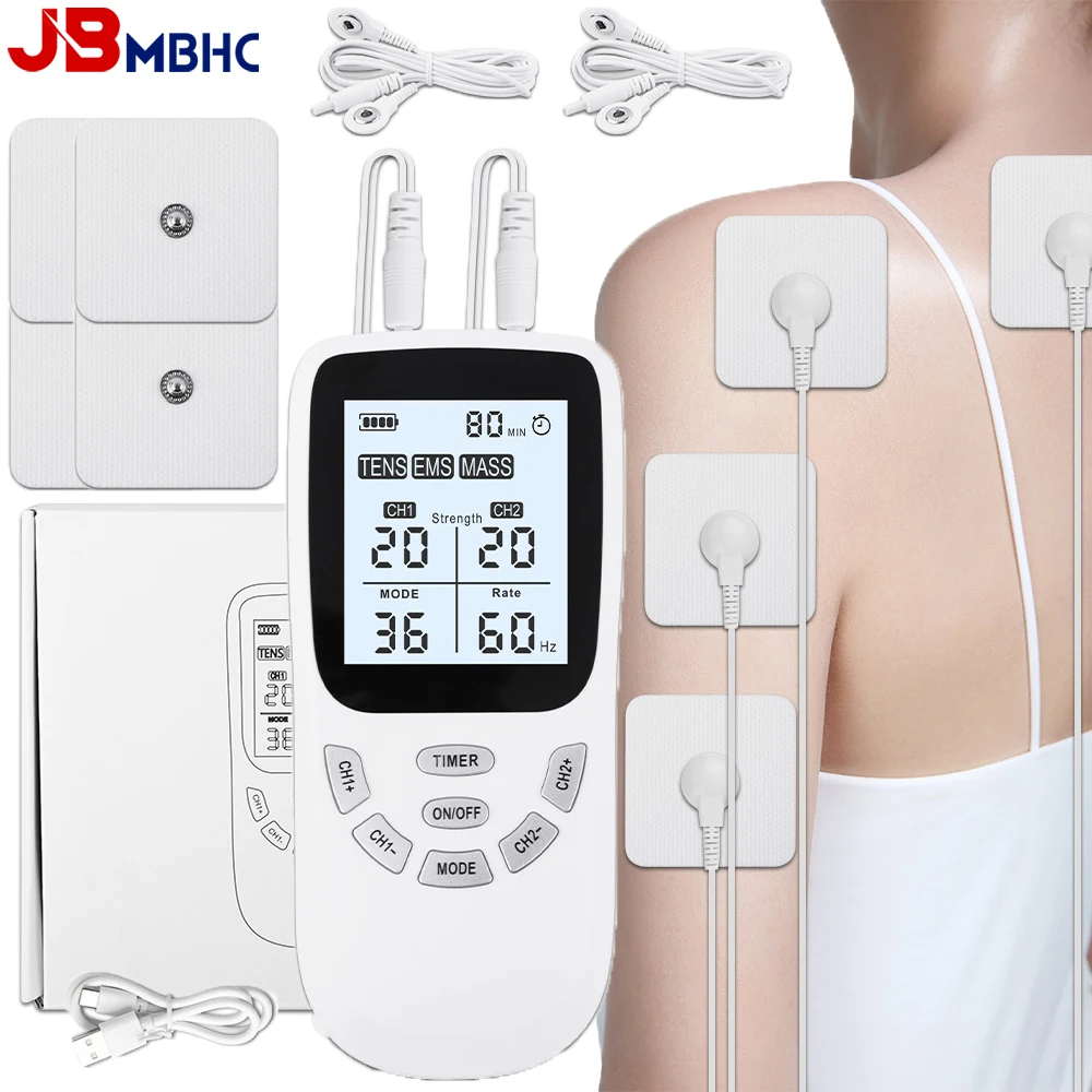 

Dual Channel TENS Unit Machine EMS Muscle Stimulator for Pain Relief Therapy, Includes 4 Electrode Pads for Full Body Treatment