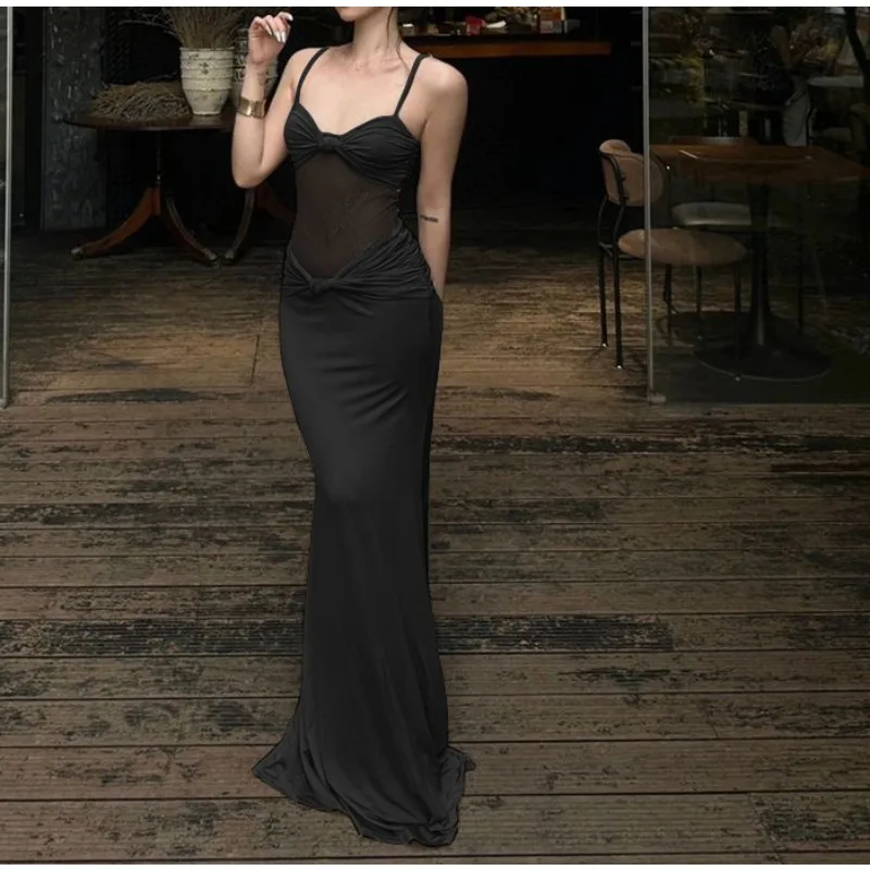 2025 Summer New Women's Summer Solid Color Suspender Back Sleeveless Lace Patchwork Dress