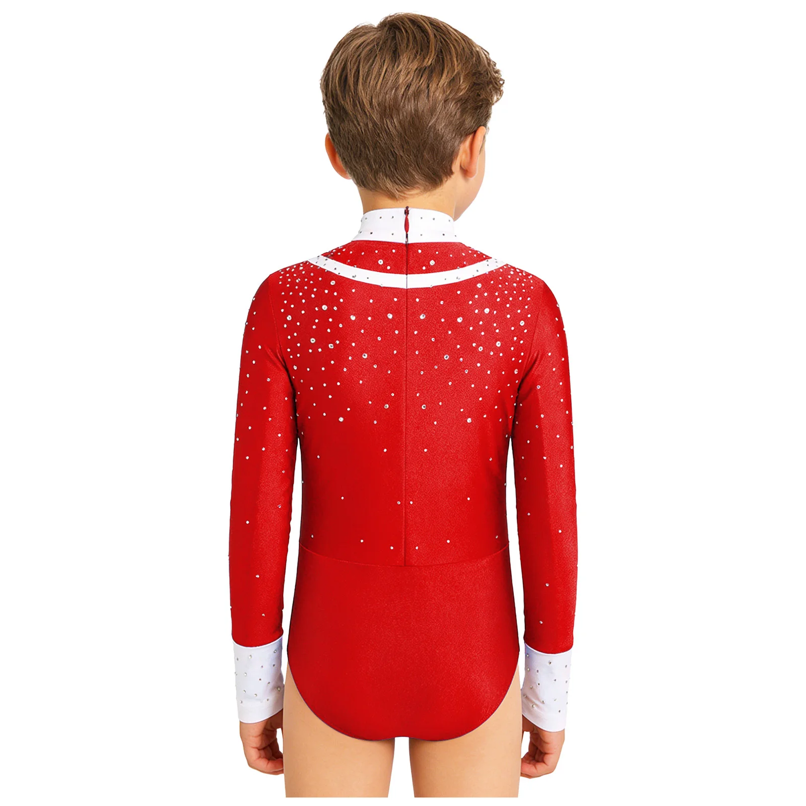 Kids Boys Figure Skating Rhythmic Gymnastics Leotard Long Sleeve Color Block Shiny Rhinestone Bodysuit for Salsa Tango Ballroom