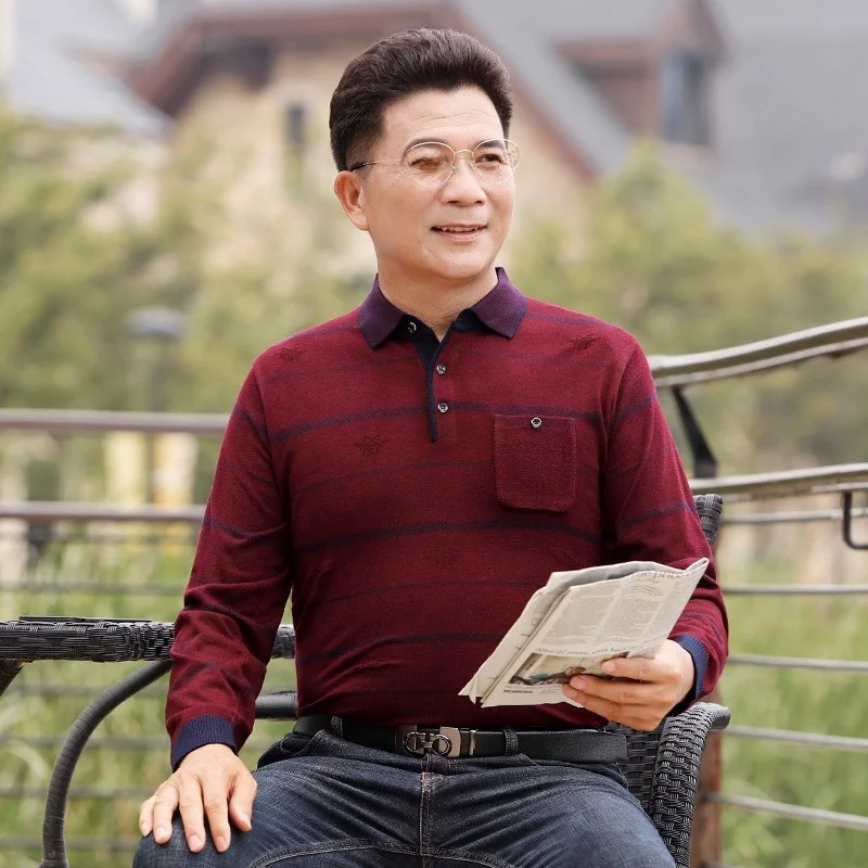 

Spring Autumn New Sle Dad Knitted Wool Sweater Long Sve Collared T-irt Middle Age Men's Knitwear Breathable Comfortable
