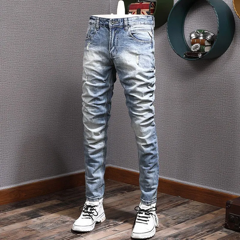 

Fashion Designer Men Jeans Retro Light Blue Elastic Slim Fit Ripped Jeans Men Vintage Trousers Korean Style Denim Pants Hombre