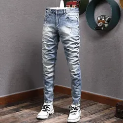 Fashion Designer Men Jeans Retro Light Blue Elastic Slim Fit Ripped Jeans Men Vintage Trousers Korean Style Denim Pants Hombre