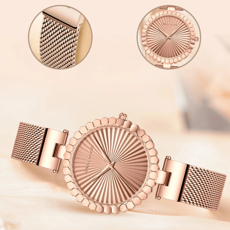 HANNAH MARTIN 1571 New Fashionable Light Luxury Sun Dial Waterproof Quartz Wristwatch Stainless Steel Mesh Strap Ladies Watch