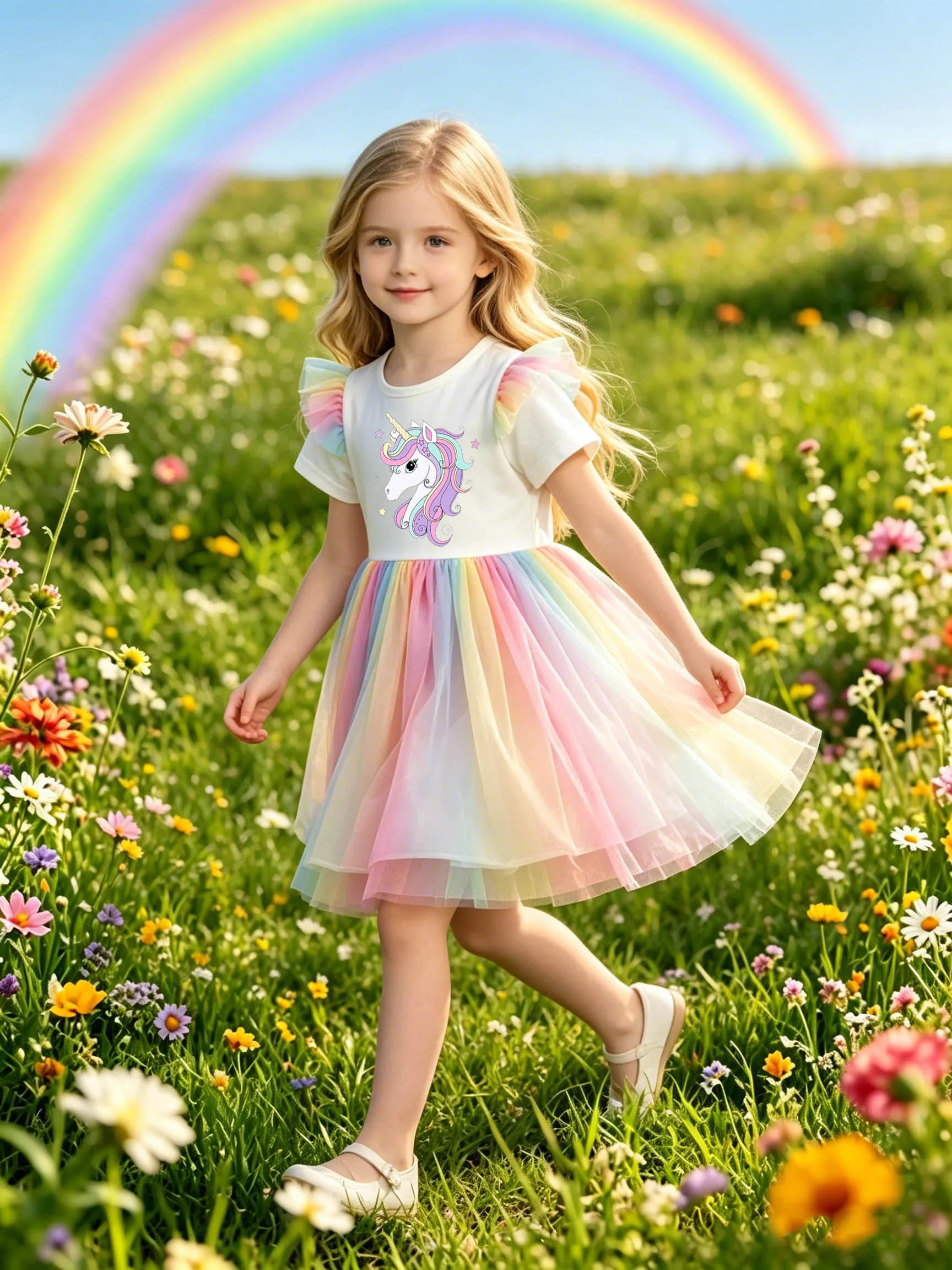 Mädchen-Sternenregenbogen-Einhorn-Kleid mit Flatterärmeln, Makronen-Regenbogen-Tüll Prinzessinnenkleid mit Vollem Rock – Detail 4