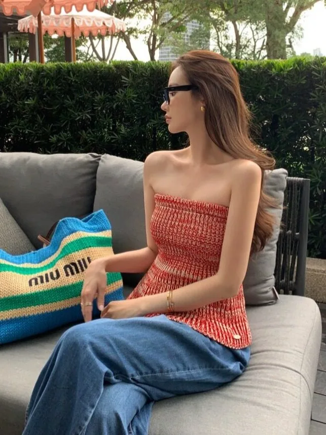 Sweet Gradient Color Block High Elastic Knitted Vest Top Korean Style Sweater for Women Spring Autumn Winter Chic Design