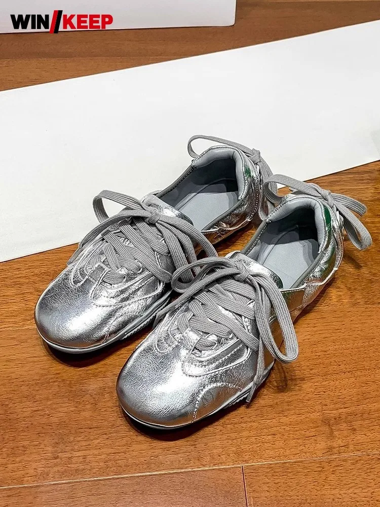 Vintage Designer Women Silver Lace Up Low Cut Cowhide Genuine Leather Outdoor Running Shoes Jogging Trainers Skateboarding Shoes