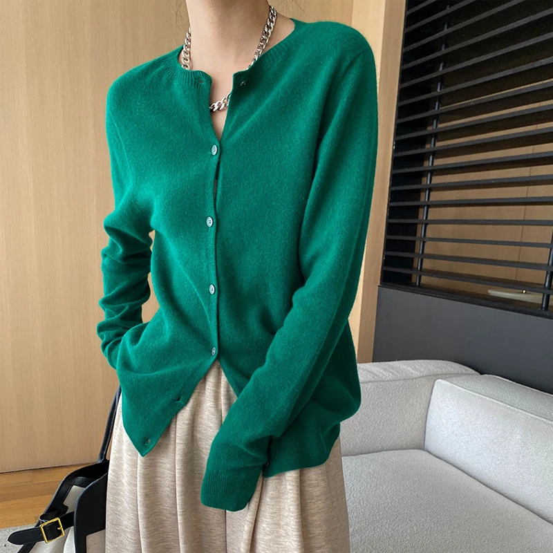 2024 donne autunno o-collo bottone singolo 100% Cashmere cardigan lana pile maglione Purplr colore verde donna mantello vestiti top