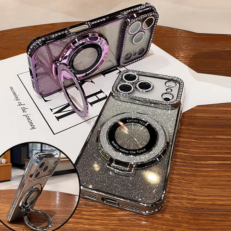 Glitter Magsafe Bracket Case for iPhone 17 16 15 11 12 14 13 Pro Max Plating Soft Bling Diamond Luxury Cover for iPhone 17 Air #4
