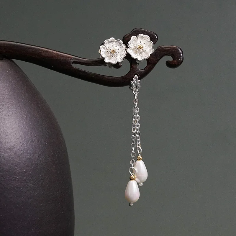 New Chinese Style Plum Blossom Ebony Hairpin Pearl Tassel Step Swaying Chinese Style Hair Accessories Cheongsam Hanfu Styling