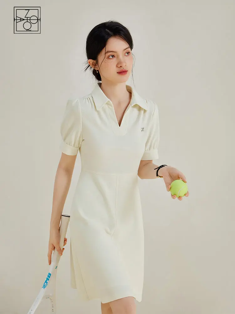 ZIQIAO College Style Polo Collar Dress for Women Summer New High Wasit Thin Casual Sports Sense Knee Length Skirt Female