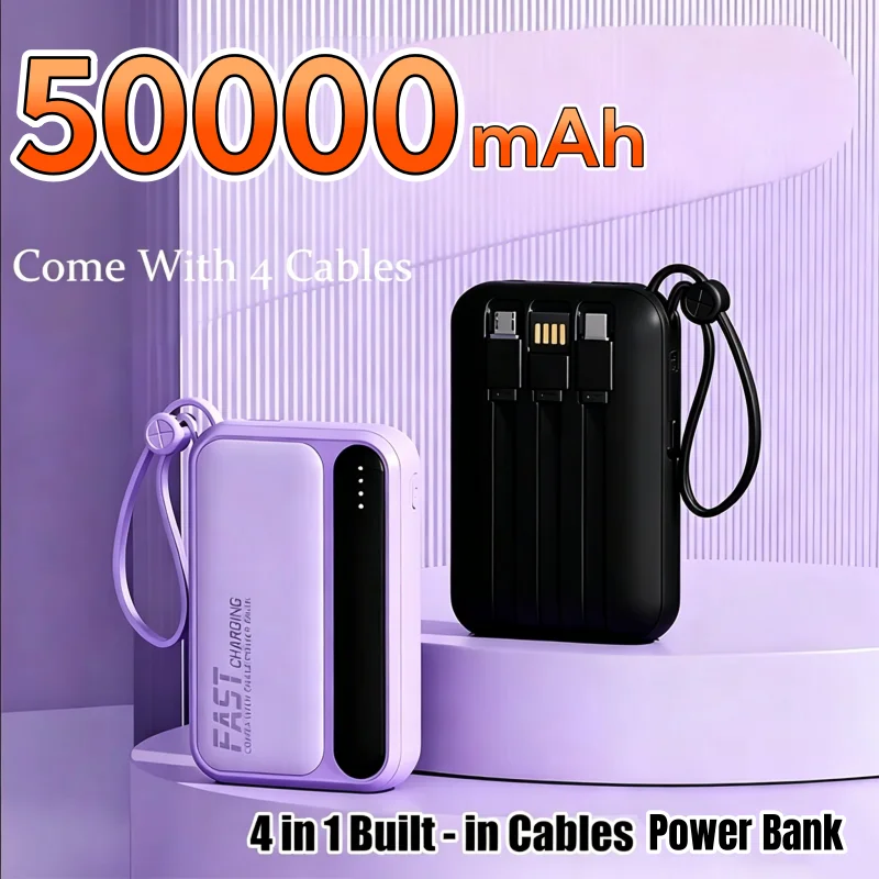 Banco de Energía Portátil de 50000mAh y 120W, Gran Capacidad, Cable 4 en 1, Pantalla Digital Inteligente, Carga Rápida, Fuente de Alimentación Móvil
