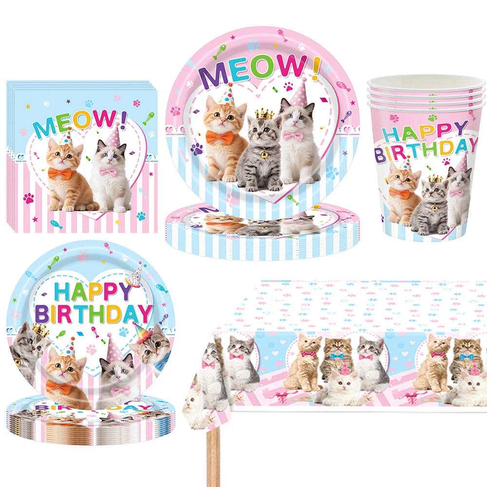 Katze Geburtstag Party Pappteller Serviette Tasse Kätzchen Party Einweggeschirr Meow Thema Dekor für Kinder Geburtstag Party Supplies