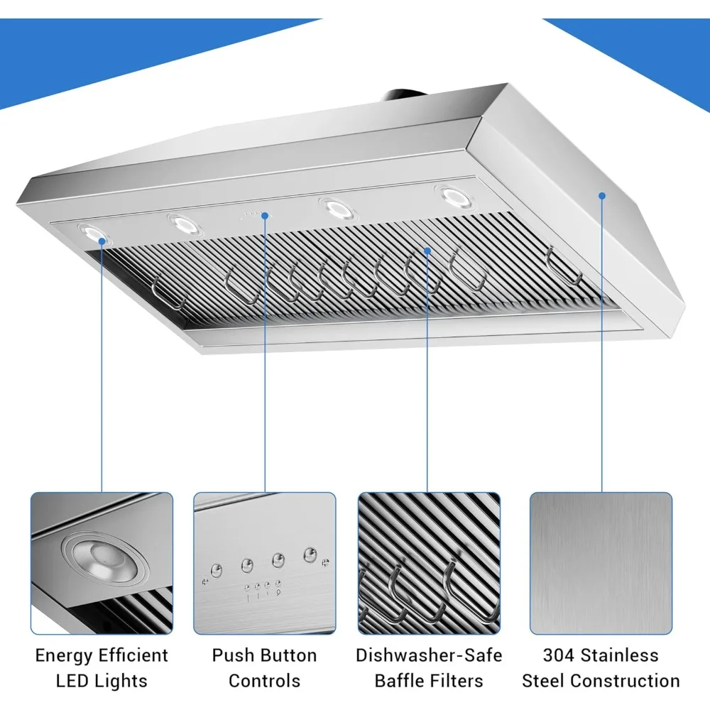 Built in range hood inserted into vent 48 inches, 1150 CFM, with 4-speed fan, LED light, dishwasher safety baffle filter