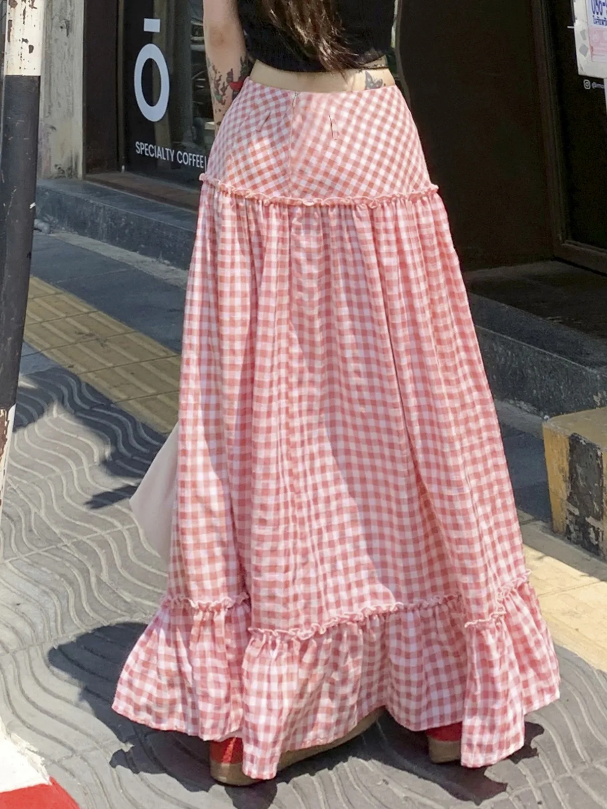 Zhisilao-falda larga de celosía rosa para mujer, Vintage, Y2K, Boho, a cuadros, línea A, ropa de vacaciones, verano 2024