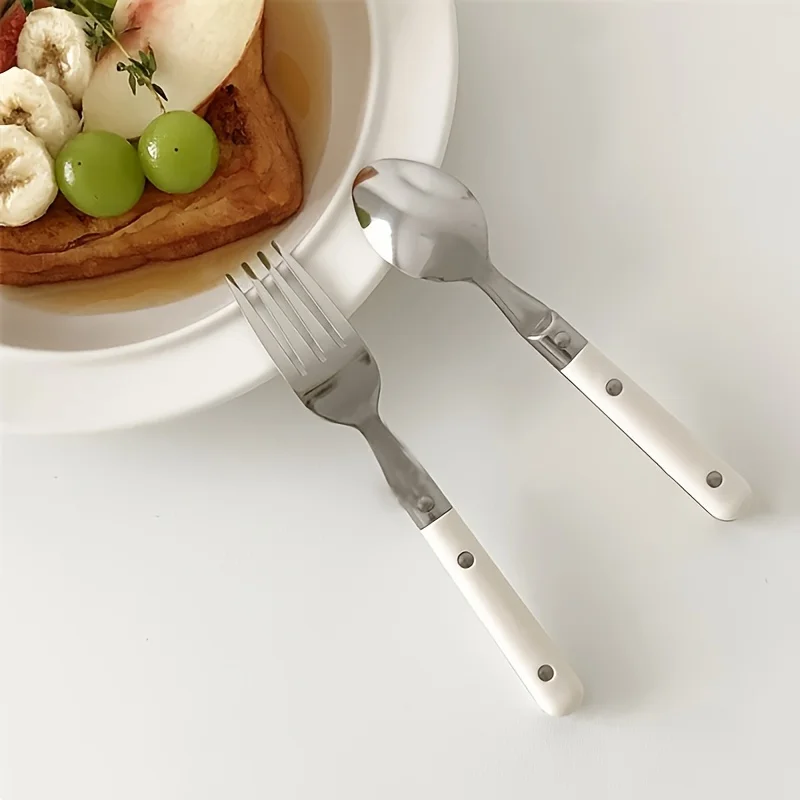 

2pcs Children's Portable Steel Spoon Fork, Cute Cartoon Stainless Steel Cutlery Set, Handle Fork and Spoon Set for Desserts