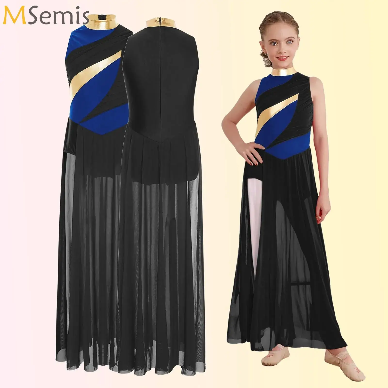 

Kids Girl Modern Contemporary Dancewear Sleeveless Ruched Mesh Overlay Bodice Side Split Lyrical Dance Dress Performance Costume