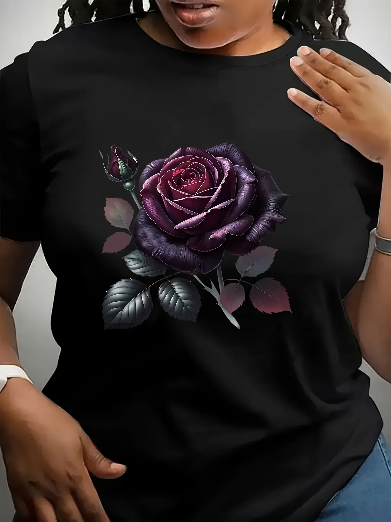 Women'S Casual Crew Neck T-Shirt, Polyester Blend, Knit Fabric, Regular Length, with Black Rose Graphic Print, for All Seasons