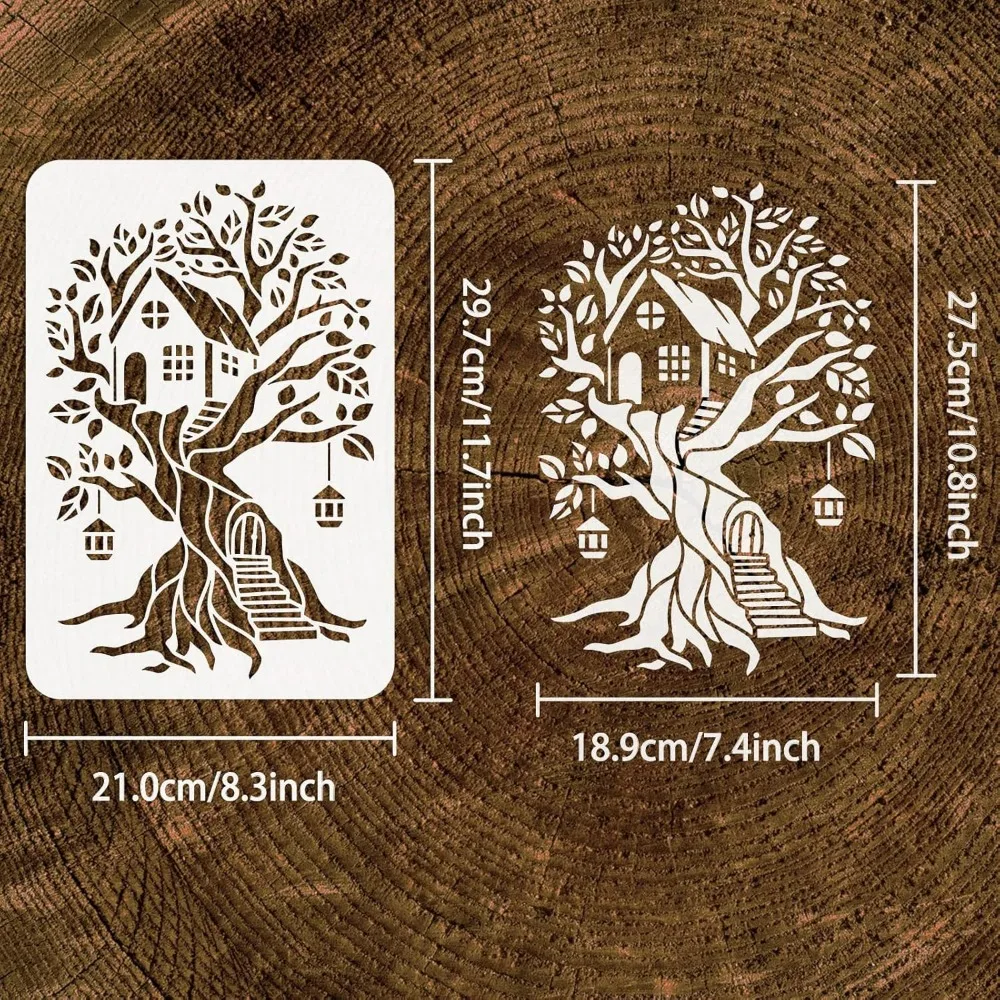 Tree House Stencil for Painting 11.7x8.3 inch Hollow Out Tree of Life Drawing Stencils Reusable Plastic Log Cabin Staircase