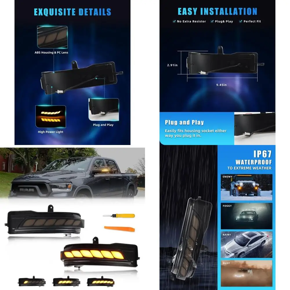 

Модернизированные поворотники бокового зеркала с дымчатыми линзами янтарного цвета со светодиодной подсветкой для Dodge Ram 1500 2019-2024 гг., 2 шт.