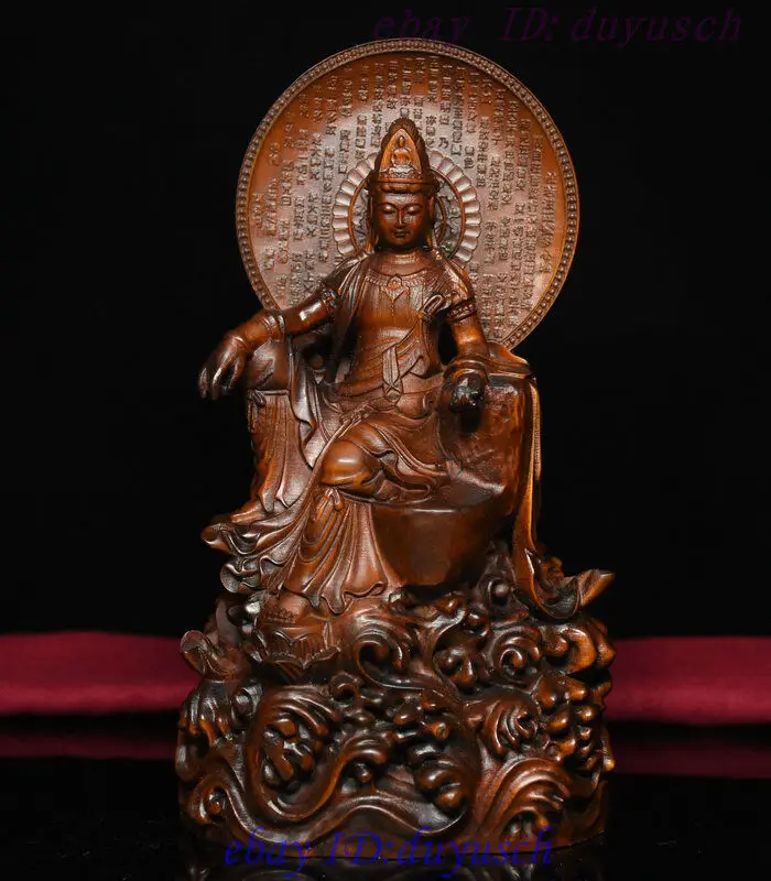 Chinese Buddhism Boxwood Wood Carved Guanyin Kwan-Yin Bodhisattva Buddha Statue for Decorative Display Collectible Gift