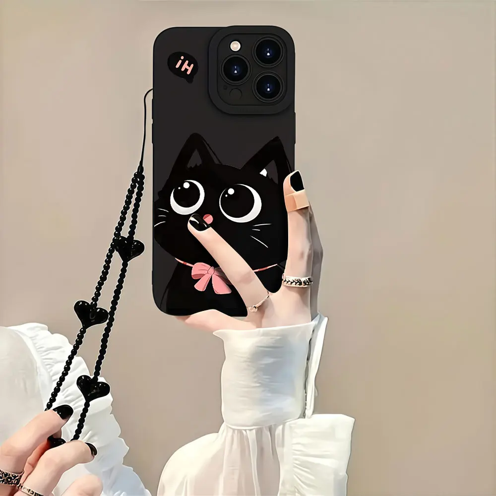 Shockproof Cartoon Black Cat Phone Case For iPhone 17 16 15 14 13 12 11 Pro Max X XS XR 7 8 15 16 14 Plus 16E With Strap Cover view 4