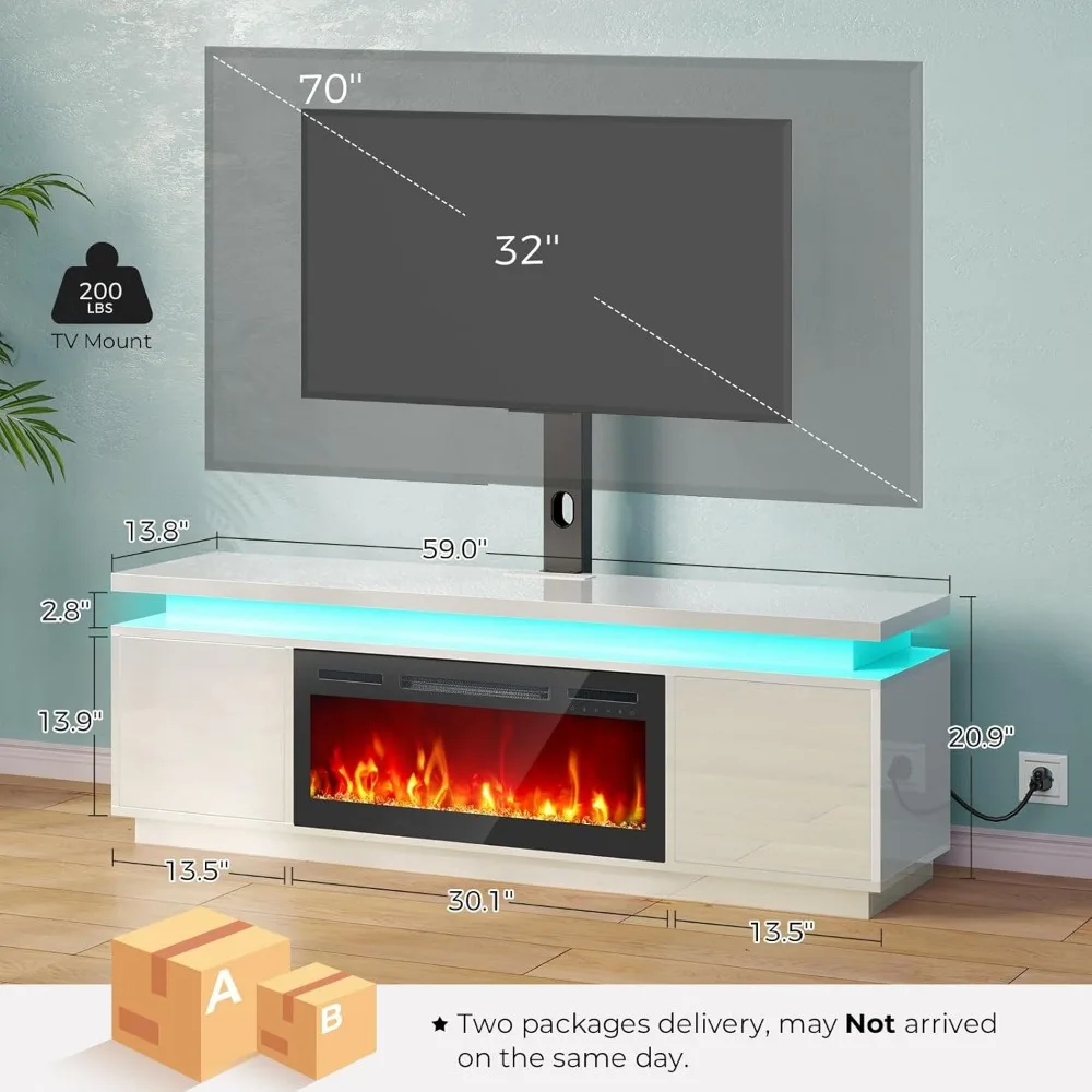 حامل تلفزيون Rolanstar Fireplace مع أضواء LED ومنافذ طاقة، حامل تلفزيون مع 30 مدفأة كهربائية، White Entertainment C