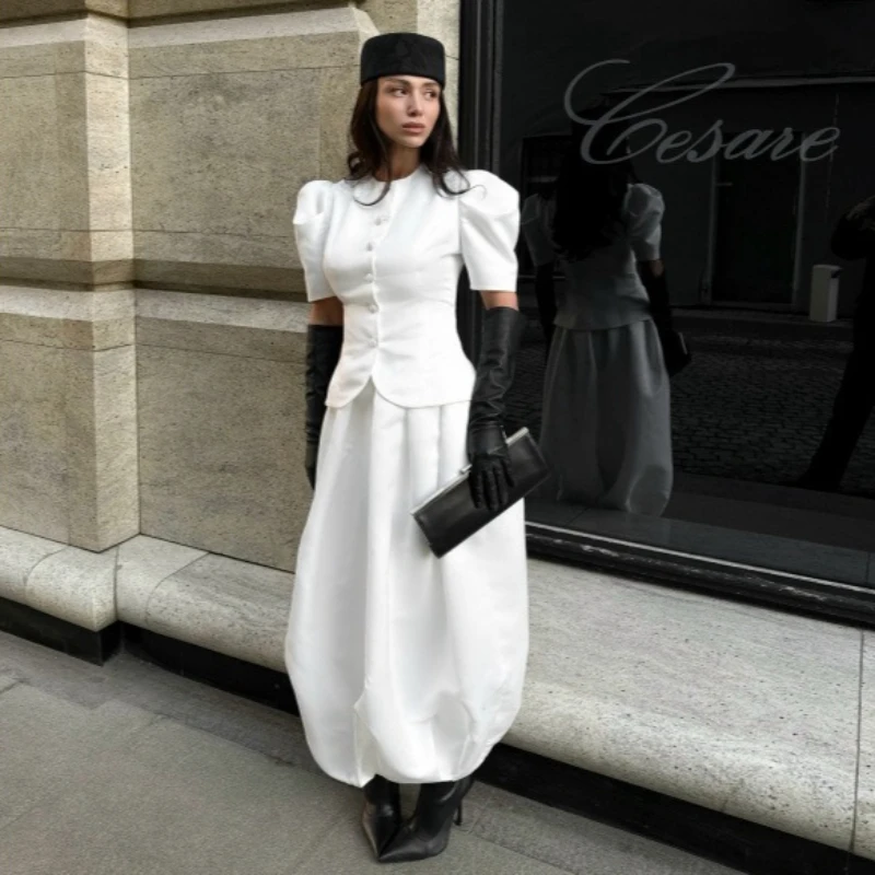 Spot - Korean High-end Solid-color Stand-up Collar Slim-fitting Bubble Short-sleeved Top Summer New Cross-border Europe  America