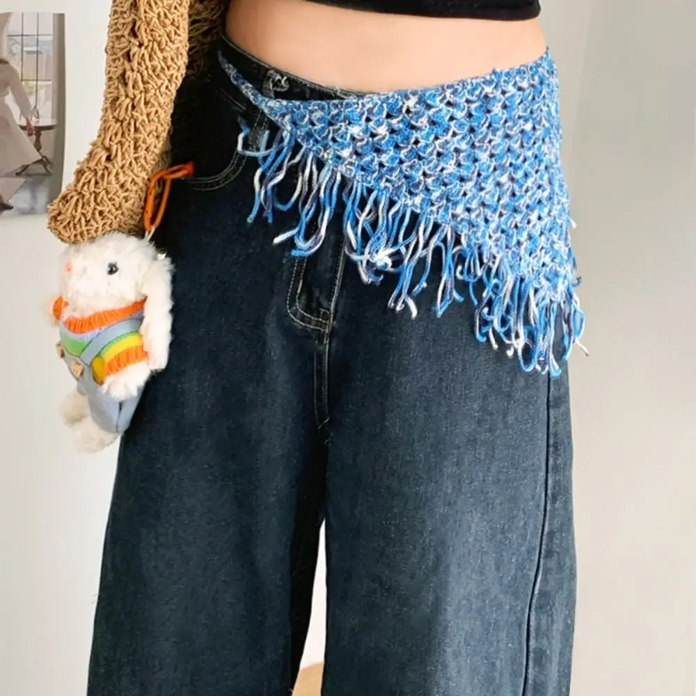 Bohemian Turban ถักสามเหลี่ยม Headscarf Cummerbund สีสันผ้ากันเปื้อนผ้าคลุมไหล่ Fringe สไตล์ชาติพันธุ์เอวหญิง