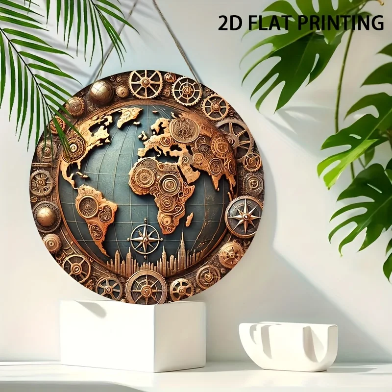 2D Flat - Steampunk World Map Wall Decor - 20.32cm Round Wooden Sign with Pre-Drilled Holes & Hanging Ropes, HD 2D Printing, Vin