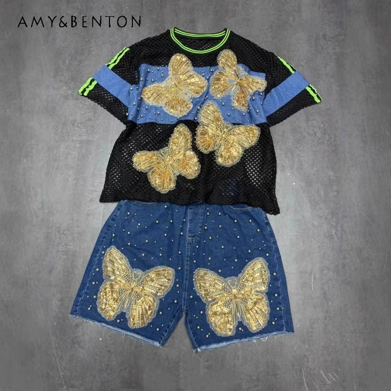 

Fashion Design Sense 2025 Summer New Women's T-shirt Loose Oversized Mesh Nails Diamond Flower Top Fashion Age Reduction Tshirts