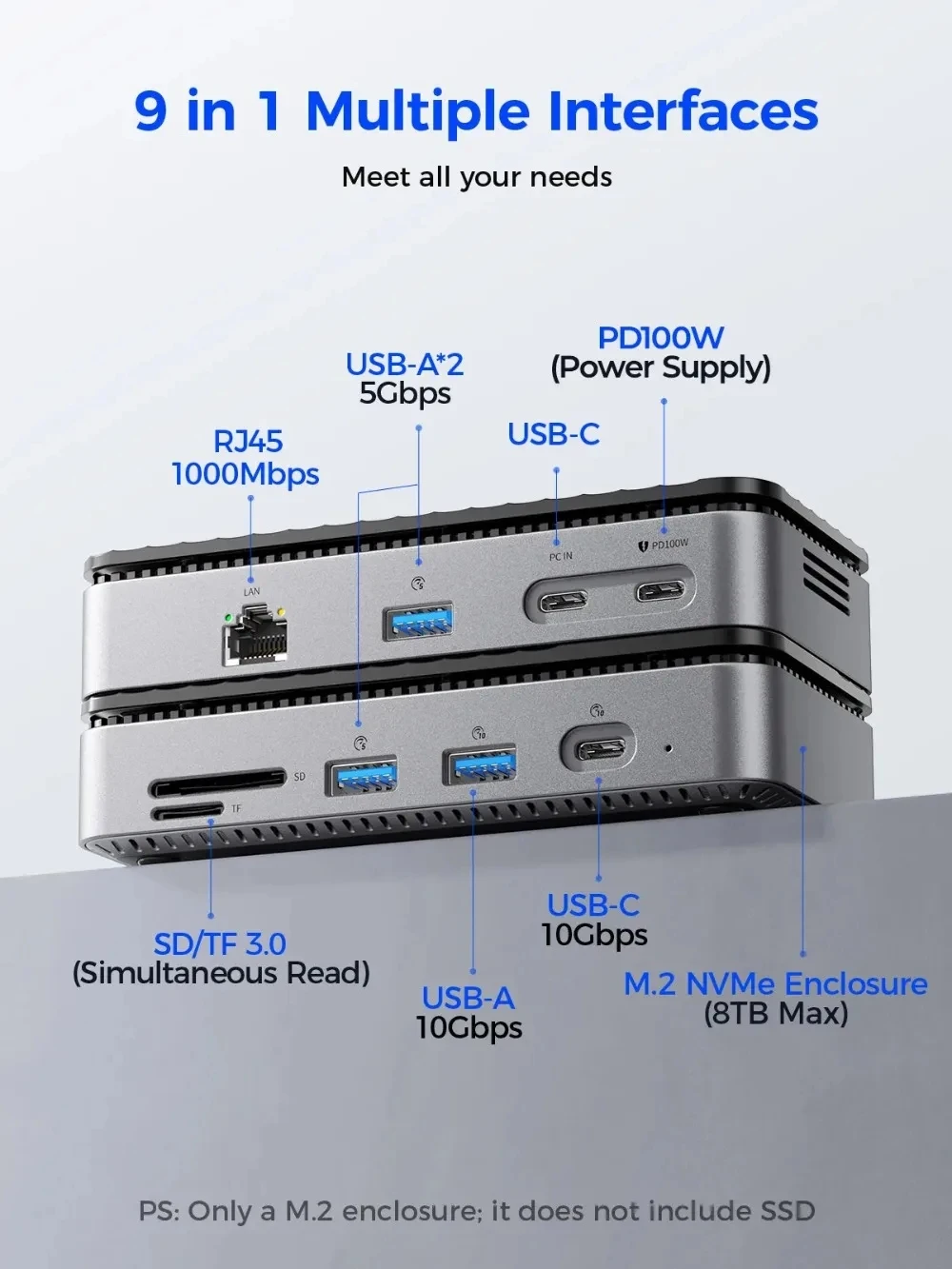 ORICO 9-IN-1 USB C Docking Station 10Gbps M.2 NVMe SSD Enclosure built in fan RJ45 PD100W SD/TF USB HUB for PC Laptop MacBook