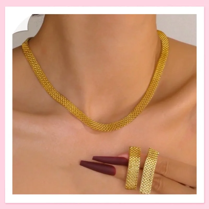 

Новый простой комплект украшений: широкая цепочка с полым плетением, серьги, изысканный трендовый набор высококачественных украшений