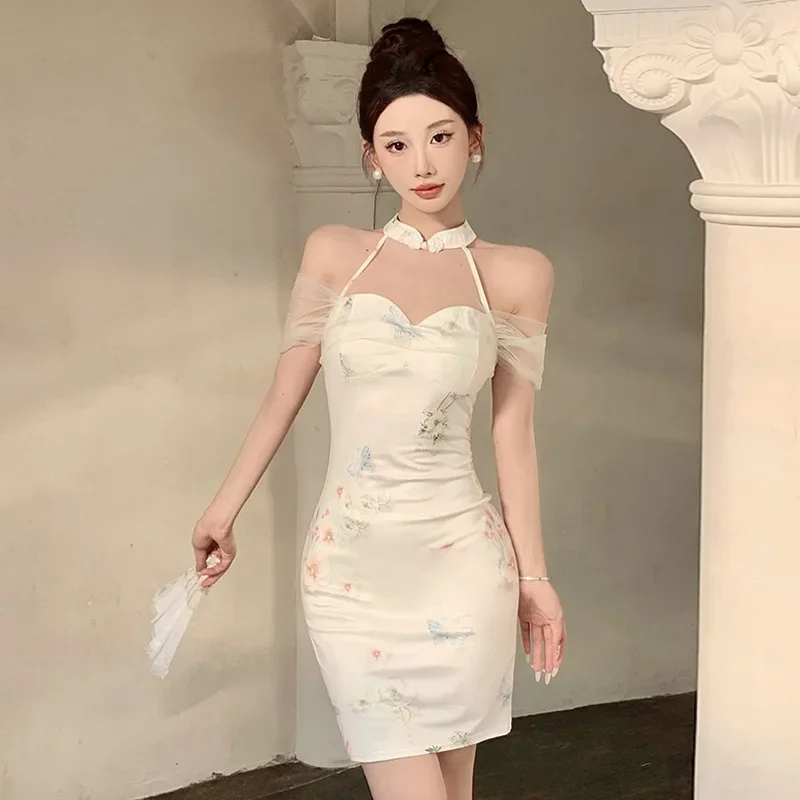 

Улучшенное современное платье Cheongsam для женщин, элегантное бамбуковое платье без рукавов с принтом и рукавами, сексуальное Qipao
