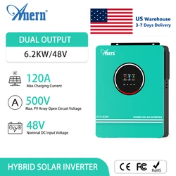 Anern Off Grid Solar Inverter 1KW 1.6KW 3KW 6.2KW MPPT 80A 120A 230V Hybrid Inverter 12V 24V 48V MAX PV 150Vdc 400Vdc 500Vdc