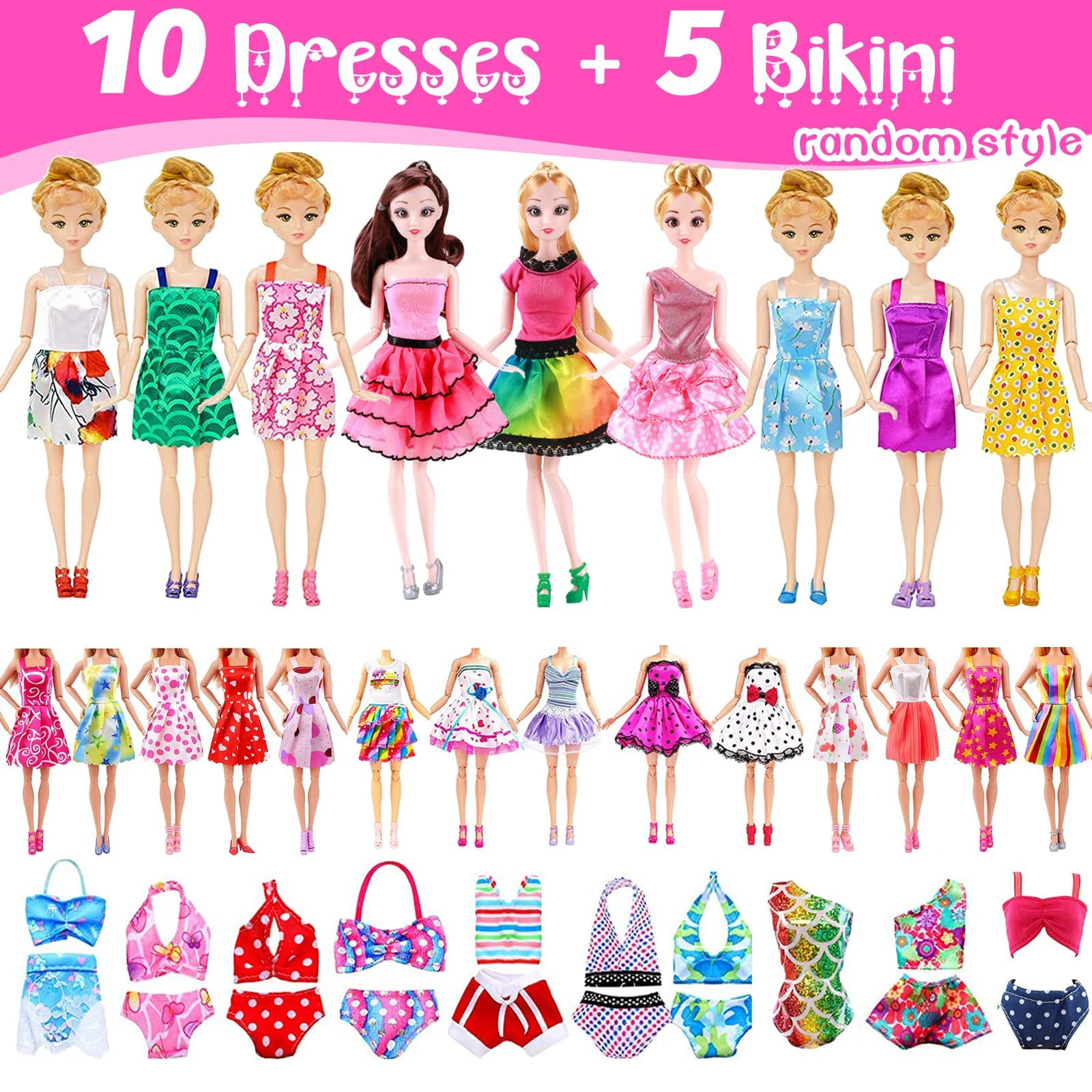 50 Pcs Doll Clothes Outfit for 11.5 Inch Doll, Doll Accessories Collection with 3 Princess Dresses+10 Dressest+6 Tops+6 Pants+5