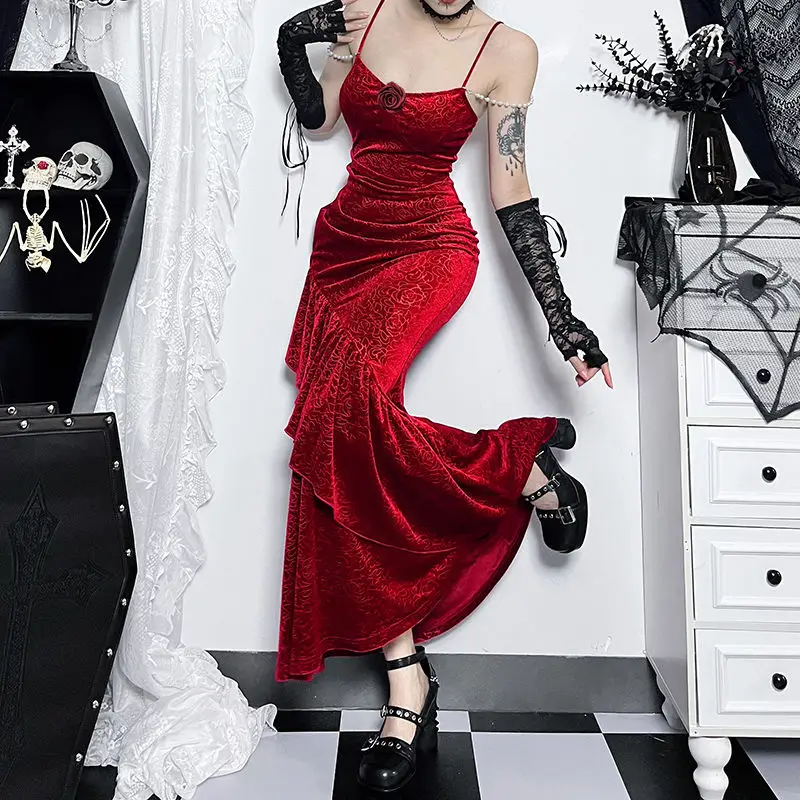 Dark Goth Rose Camisole Wine Red Dress Spring And Fall Slim-fit Wrap Hip Fish Tail Long Dress Elegance Subculture