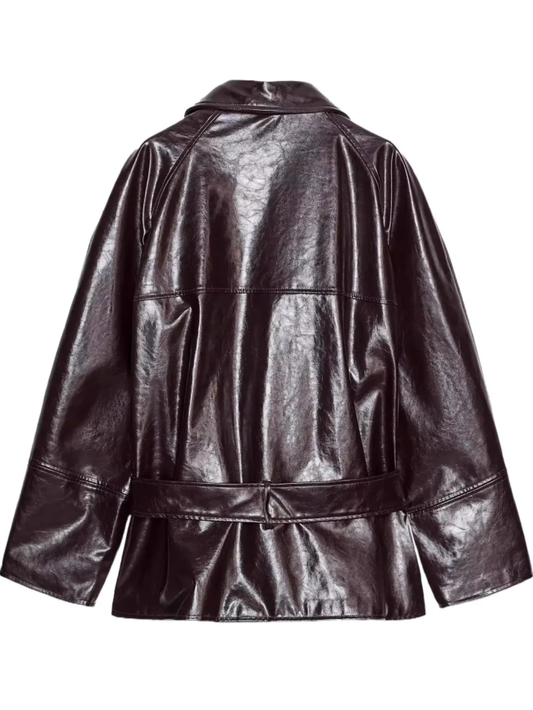 معطف نسائي لخريف 2025 مصنوع من جلد البولي يوريثان معطف Jaet طويل Sve بياقة مقلوبة وصل حديثًا ملابس خارجية فضفاضة للسيدات #2