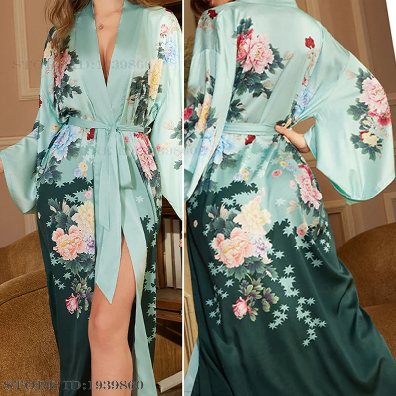 Luxury Chiffon Satin Long Robe Nightgown Women Silk Satin Sleepwear Nightdress Print Wedding Morning Bath Robe Dress Loungewear