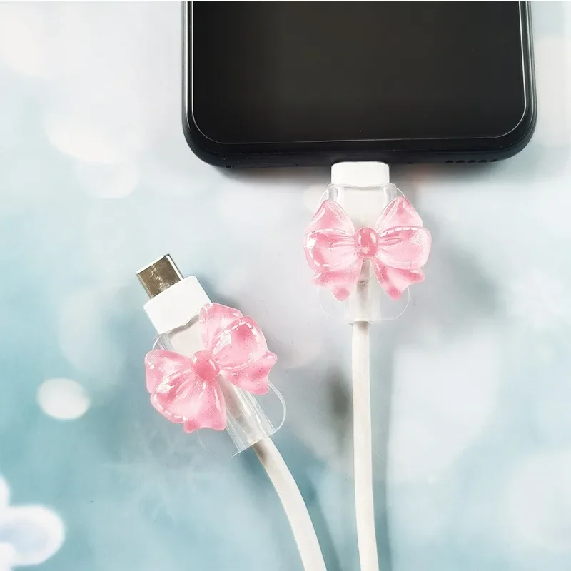 2Pcs Korean Bow INS Clear Cute Line Protectors Winder Charger Data Cable Protector Cover Charger Anti-break Cord Cover Wrap